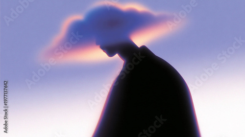 Minimal pastel abstract illustration of a man with a cloud around his head, symbolizing negative mental health and feeling lost