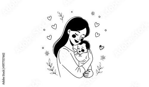 Happy Mothers Day greeting card with loving mom holding baby in soft hand drawn pastel style