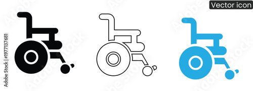 Wheelchair icons in black, Line art, And blue on white background for accessibility and disability symbols