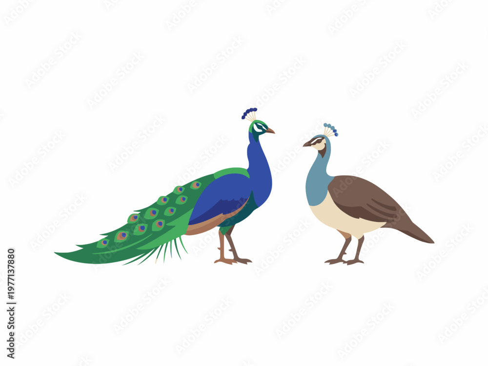 Fototapeta premium Peacock and peahen pair vector illustration on white background