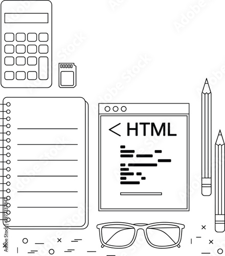 Web Development Workspace Icon Set With HTML Coding Notebook Calculator And Glasses