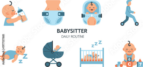 A collection of illustrations depict a babysitter's daily routine with a baby, including feeding, sleeping, and transport.