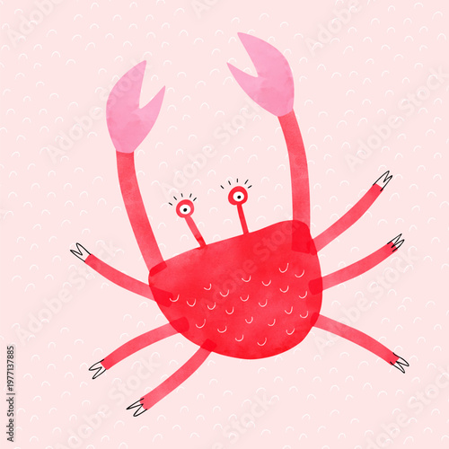 Cute Vector Illustration Of Funny Carb. Red Crab Isolated On A Pastel Pink Background.  Nursery Art With Hand-drawn Red Crab Ideal For Kids' Products, Wall Decoration. Fully Layered And Editable.