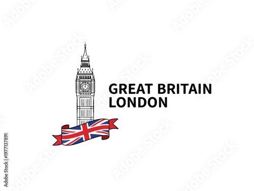 Big Ben London clock tower illustration with Union Jack flag ribbon