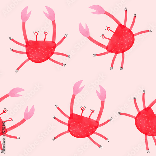 Seamless Vector Pattern With Funny Carbs. Red Crabs On A Pastel Pink Background.  Seamless Children's Wallpaper Featuring Hand-drawn Red Crabs Ideal For Kids' Products. Fully Layered And Editable.