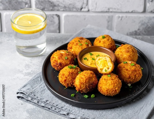 Golden fried food with dip and drink