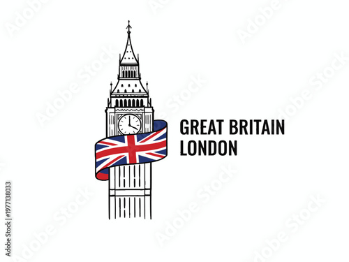 Big Ben Clock Tower with British Flag Ribbon and London Text