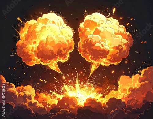 Two massive fiery explosions with surrounding debris
