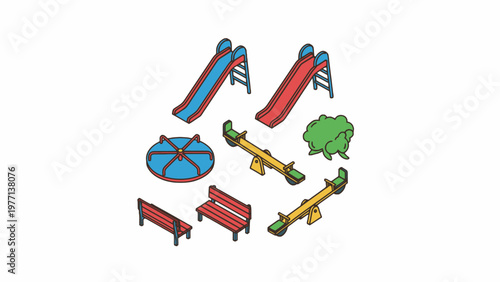 Isometric Playground Equipment Set with Slide Seesaw and Roundabout