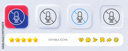 No microphone line icon. Neumorphic, Flat shadow, 3d buttons. Mute mic sign. No voice record symbol. Line no microphone icon. Social media icons. Vector