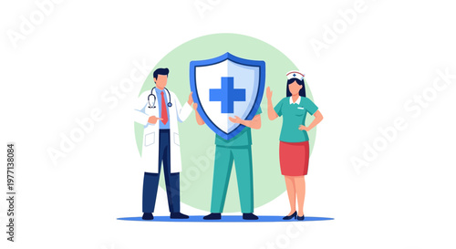 Medical, healthcare icons, doctor, nurse, shield, protection, safety, vector graphics