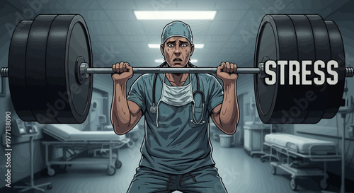 Medical, healthcare, stress, doctor, weightlifter, gym, hospital, vector illustration