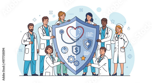 Medical shield, healthcare protection, doctor team, health icons, blue vector illustration, medical defense, healthcare workers, shield emblem