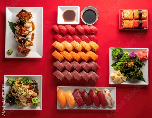 Assorted sushi and sides displayed on a red surface