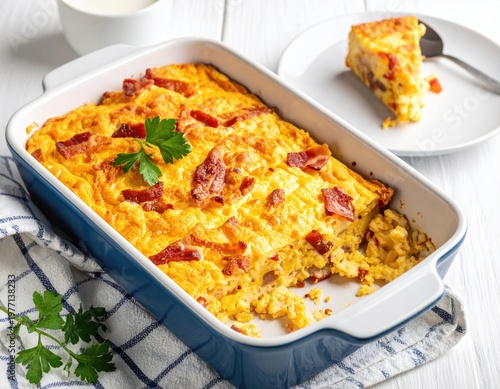 Baked egg dish with bacon, parsley, and white sauce