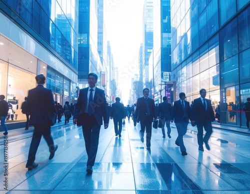 Busy urban scene, suited figures walk between tall buildings