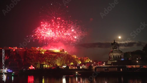 Epic Fireworks in Coblenz, Germany. Rhein in Flammen Fest in Koblenz, Rheinland-Pfalz. Summer Drone show and fireworks.