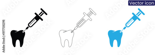 Dental anesthesia icon set with syringe and tooth on white background for medical and healthcare concepts