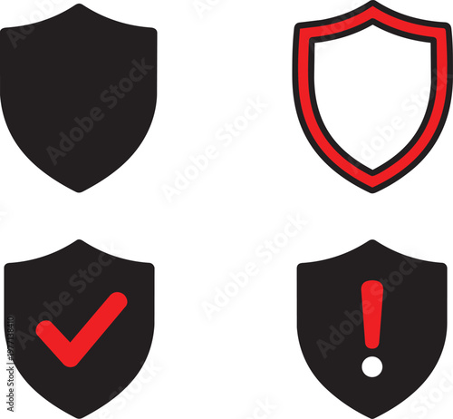 Black hexagon, heart, star, and bell with red accents on white background, black hexagon red, heart red star, red bell white background