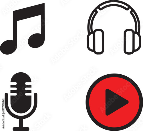 Black musical note, headphones, speech bubble, and play button set on white background