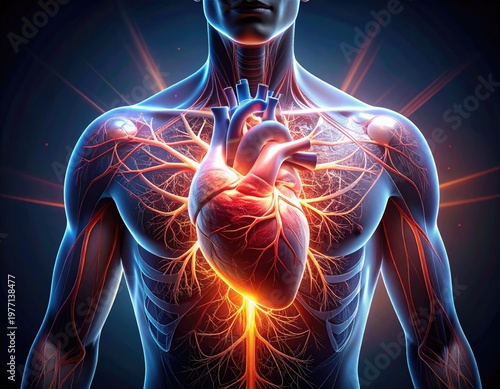 Human anatomy showing a glowing heart and veins