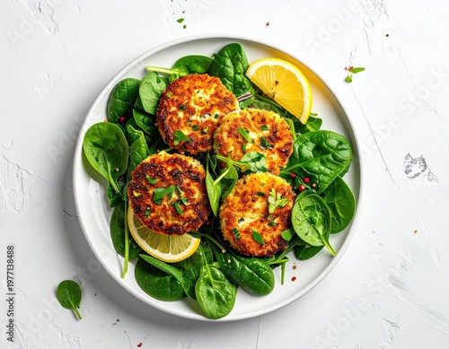 Plate with four patties, spinach, lemon, and spices