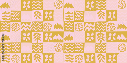 A playful retro style pattern of flowers and geometric shapes