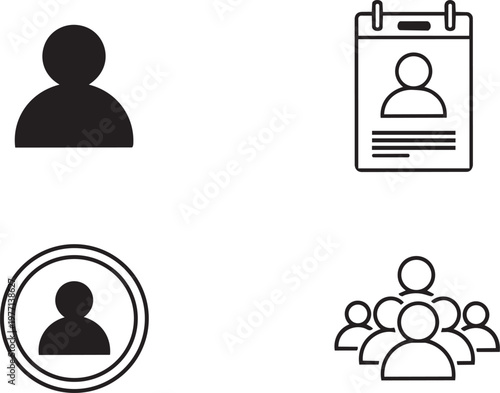 Black silhouette of a person, a building with a person inside, a speech bubble, and a network of connected people