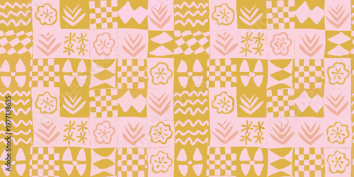 Playful pink and gold geometric pattern with floral and wave motifs
