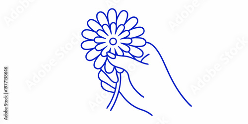 A hand delicately holding a simple stylized blue floral sketch