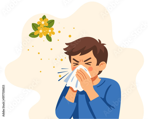 Boy Sneezing from Pollen Allergy, Seasonal Allergy Concept, Child with Tissue, Hand Drawn Vector Illustration