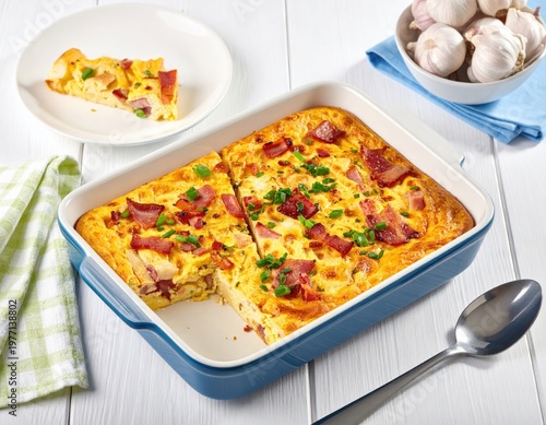 Baked breakfast dish with bacon, cheese, and vegetables