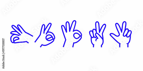 Five blue line drawings depicting different hand gestures and finger counts