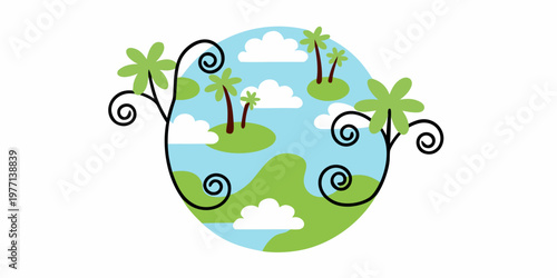 Stylized illustration of a tropical island within an oval shape