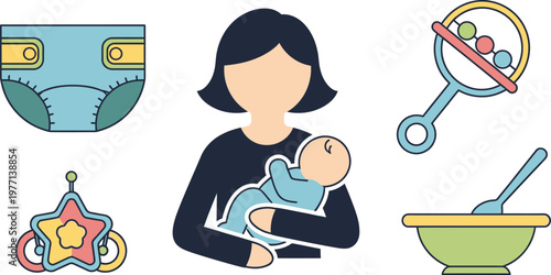 Mother holding a newborn baby represents maternal care surrounded by essential infant feeding and play items.