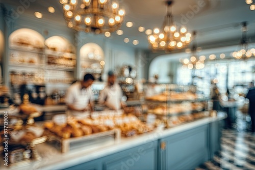 Soft focus bakery interior with staff, chandeliers, and numerous delicious baked goods