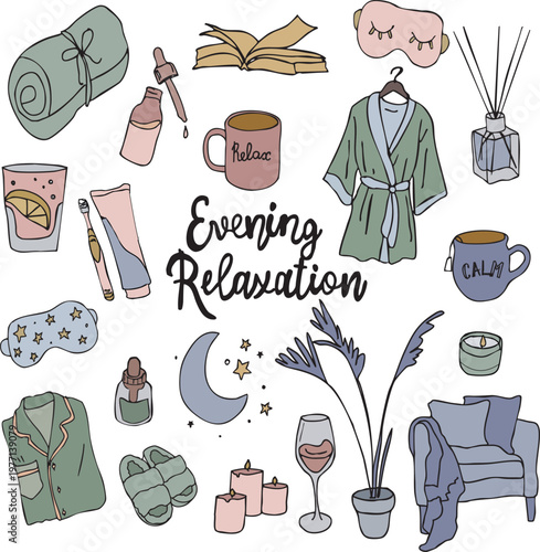 100% manual vector illustration. Authentic hand-drawn collection of evening relaxation and self-care objects. Not AI-generated. Cozy bedtime routine doodles for planners, blogs, and lifestyle design. 