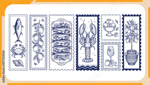 Collection of Vintage Blue Line Art Postage Stamps and Bookmarks Featuring Lobster, Sardines, Lemons and Mediterranean Seafood Illustration Set