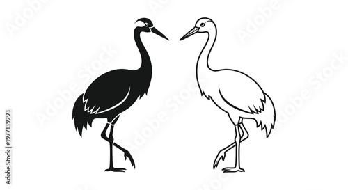 Black and White Crane Birds Silhouette Design Vector Vector