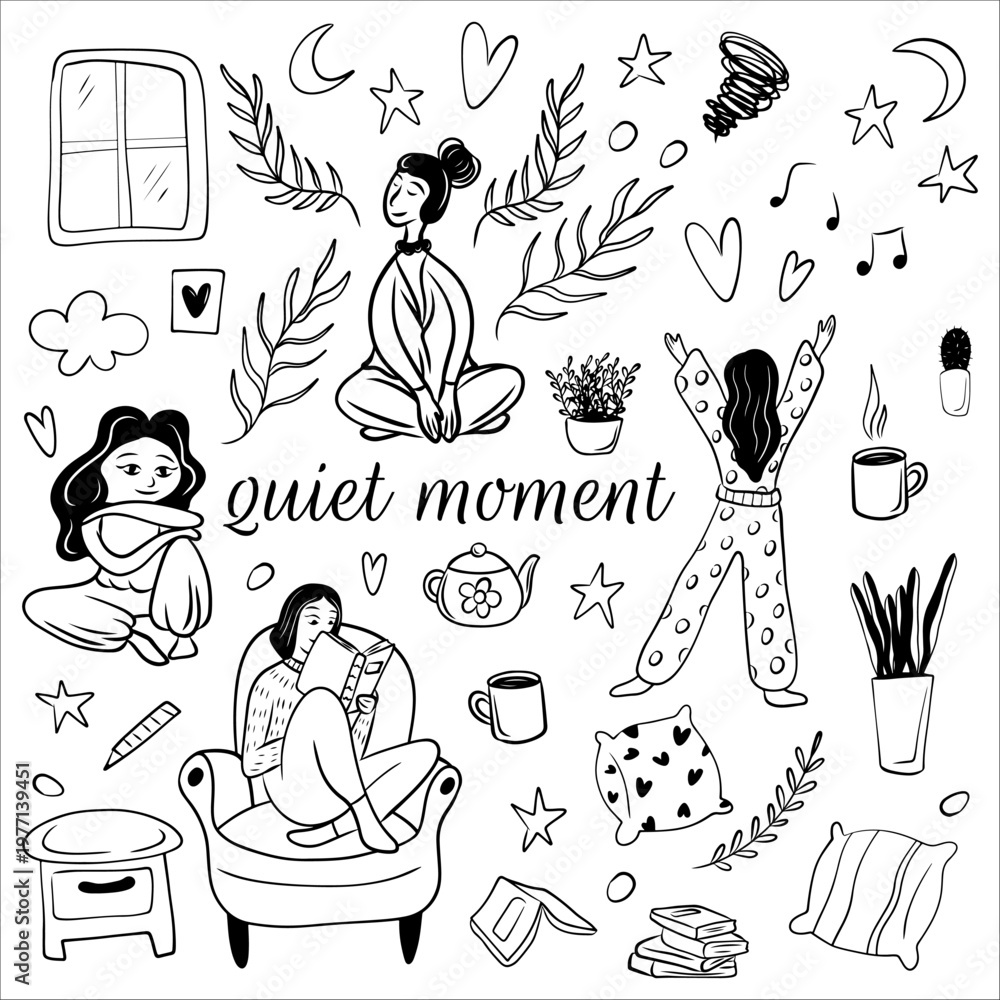 Obraz premium A collection of black-and-white illustrations depicting various aspects of peaceful enjoyment of life. Peace, tranquility, silence, enjoyment