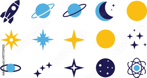 Simple icons represent various celestial bodies such as rockets, planets, moons, and stars in a flat design style.