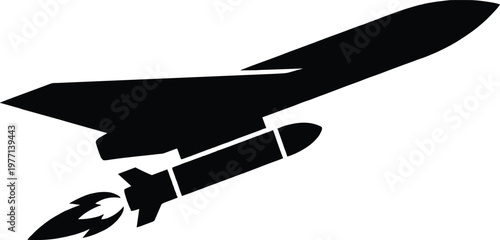 Black silhouette of a cruise missile with booster rocket, isolated on white background