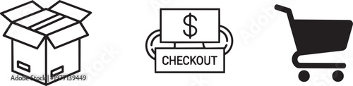 Flat of a shopping cart, currency symbols, and a laptop for online checkout concept flat shopping cart