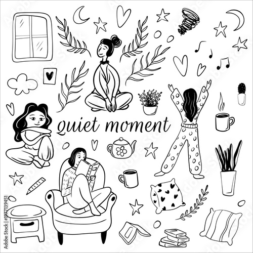 A collection of black-and-white illustrations depicting various aspects of peaceful enjoyment of life. Peace, tranquility, silence, enjoyment