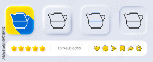 Milk jug for coffee icon. Neumorphic, Flat shadow, 3d buttons. Fresh drink sign. Beverage symbol. Line milk jug icon. Social media icons. Vector