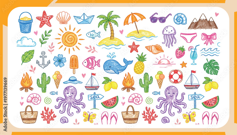 Fototapeta premium Large Collection of Hand Drawn Summer Beach Doodles Featuring Cute Octopus, Whale, Palm Tree, Sun and Tropical Vacation Elements Vector Illustration Set for Kids
