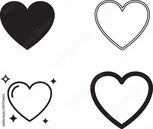Four black and white heart with different styles and outlines symbol love shape simple