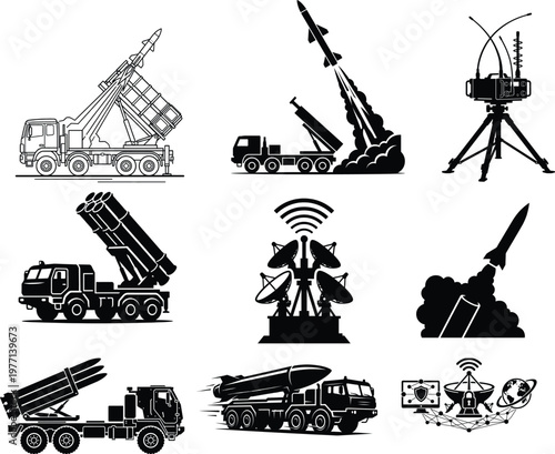 Black silhouettes of military missile launchers, radar systems, and satellites on trucks and tripods, with communication symbols