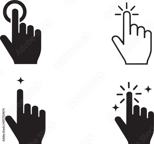 Four black and white of a hand cursor clicking or touching a screen