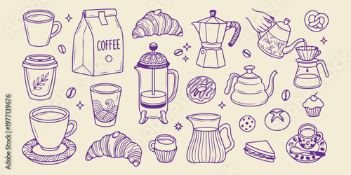 French press coffee maker, vintage coffee grinder art, manual brew equipment, espresso moka pot illustration, barista tools vector icons, coffee house aesthetic, artisanal brewing sketch

